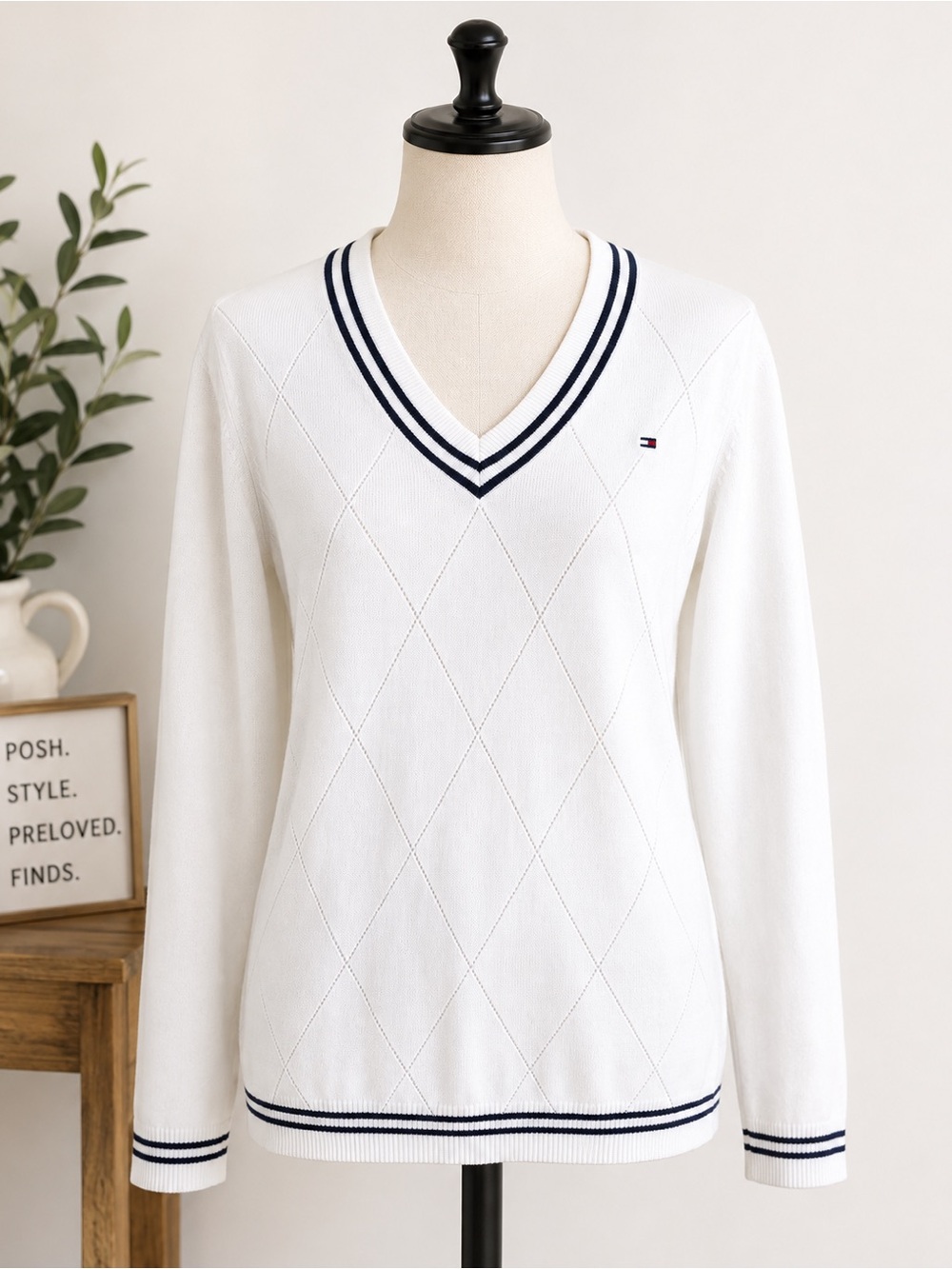 Tommy Hilfiger White V‑Neck Diamond Knit Varsity Sweater with Navy Trim